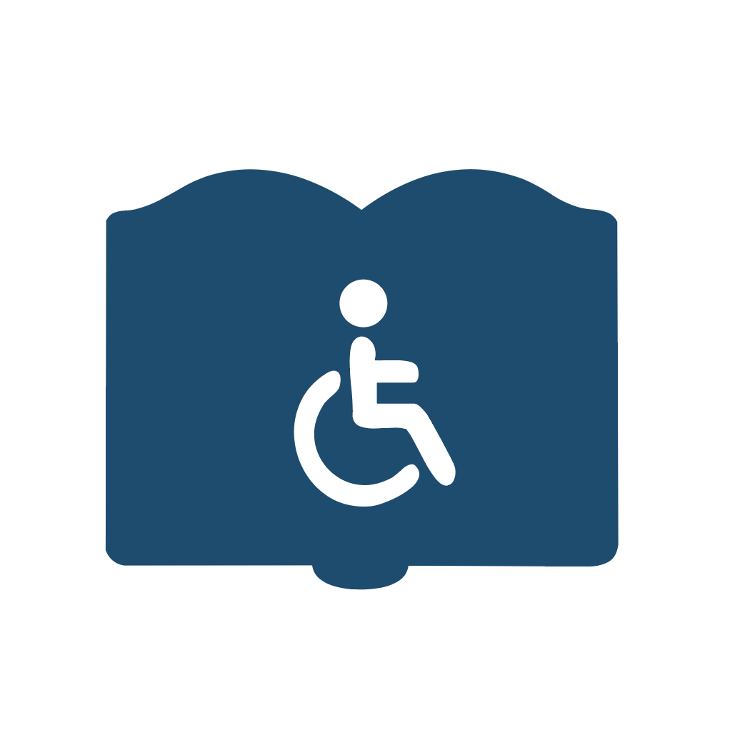 Icon of an open book and a handicap symbol.